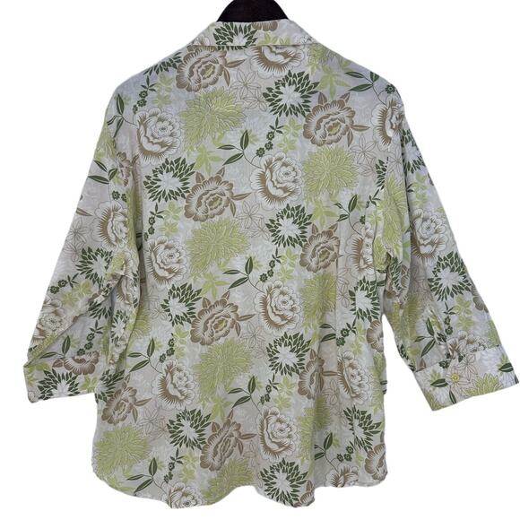 Natural Reflections Treefrog Green Tan Floral Button Up Shirt XL Boho Earthy Top - Picture 2 of 4